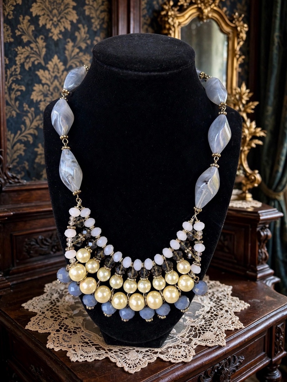 Elegant Blue and Pearl Statement Necklace